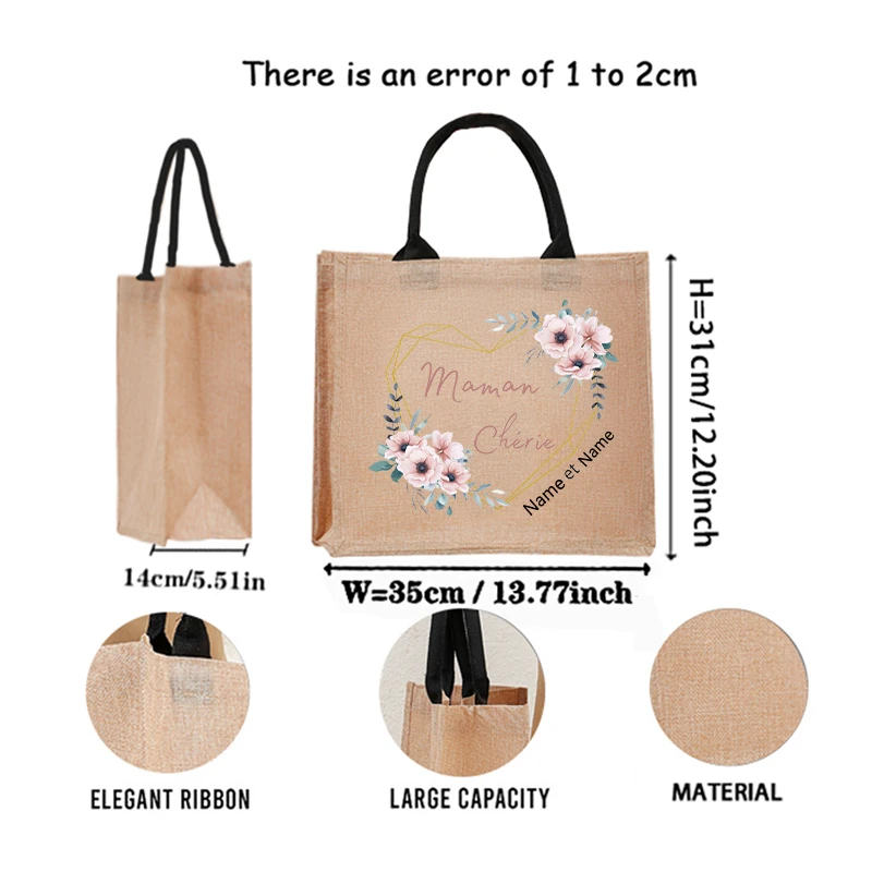 Personalized with Name Dearest Boho Flowey Garland Patterns Jute Tote with Hand Shopping Bag for Women Family Christmas Gifts