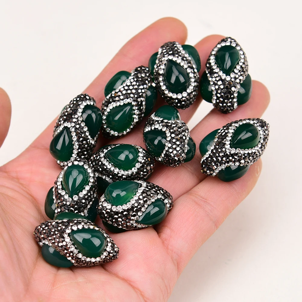 APDGG 10 Pcs 20x30mm Natural Stone Green Agate Crystal Rhinestones Paved Oval Spacer Beads Jewelry Making Accessories DIY