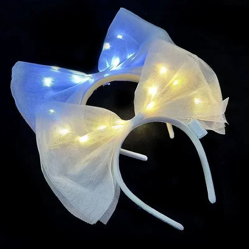 1 Stück Glow Light Up Großes Haarschleifen-Stirnband Weiß Riesiger Gaze-Haarreifen Geburtstagsfeier Kostüm Haarband Hochzeit Festival