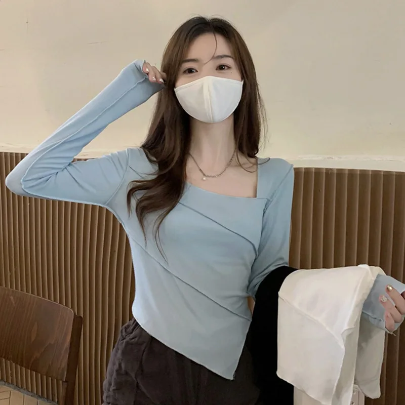 

Fashion T-shirt Woman Low Cut V-neck Sexy Crop Top Women Skinny Long Sleeve Tee Shirt Femme Vintage Clothes Black