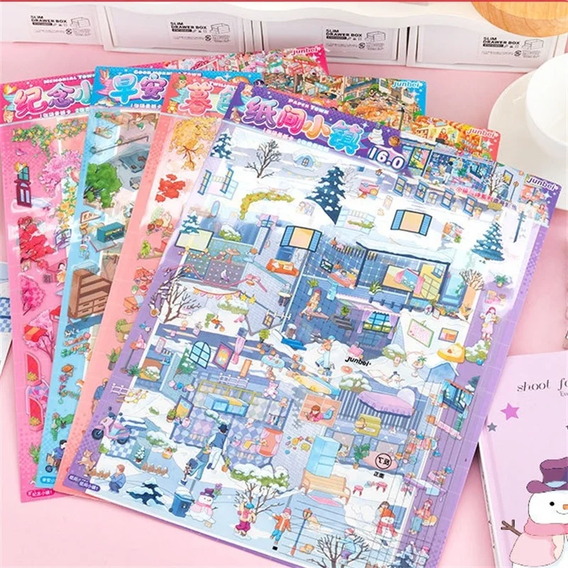 Kawaii 3D Miniature Scene Cartoon Town Landscape Stickers DIY Handmade Stacking Scrapbook Fun Album Decoration Sticker