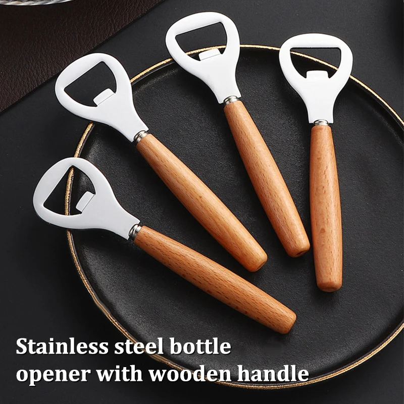 Ouvre-bouteille à bière avec manche en bois, en acier inoxydable ; design unique ; parfait pour ouvrir les bouteilles de bière, de soda et autres boissons.