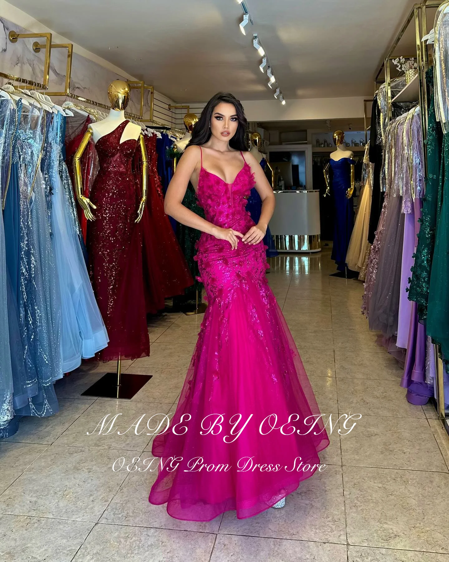 OEING Fuchsia Prom Dresses Elegant Spaghetti Strap Tulle Tiered V-Neck Evening Dress Special Occasion Gown Vestidos De Gala