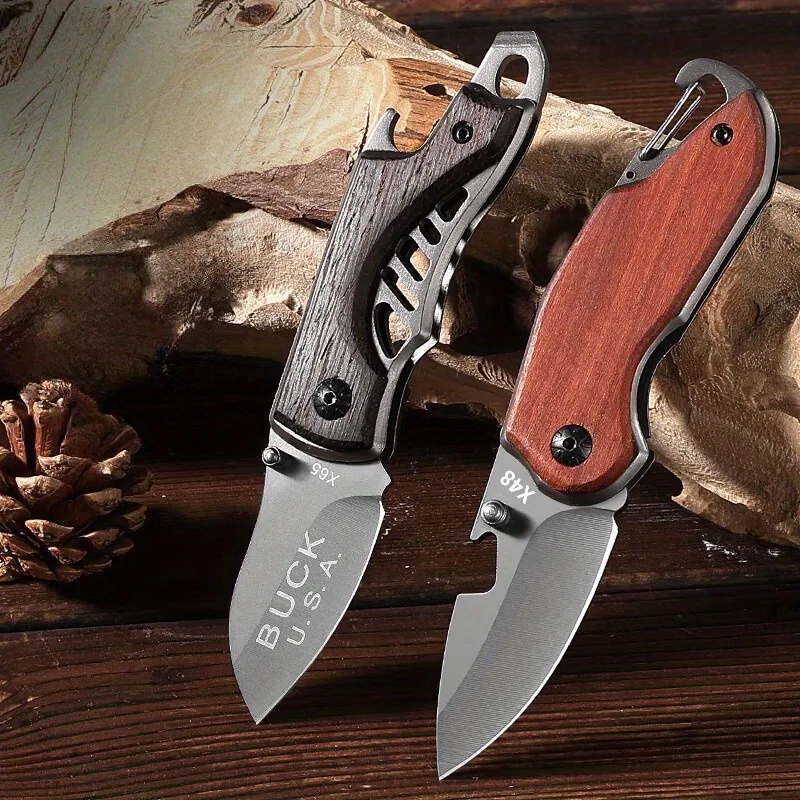 Juego de cuchillos de fruta plegables portátiles de 2 piezas, pequeños, ligeros con mango de madera. Cuchillas de acero inoxidable plateadas. Uso en la cocina al aire libre