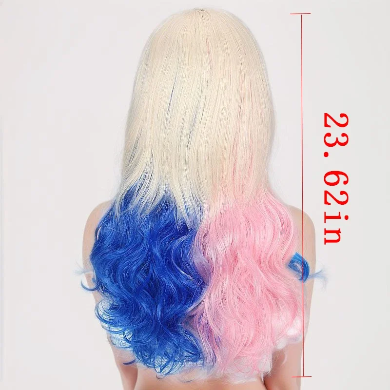 Peluca de Cosplay de payaso de película para mujer, malla con botones de 24 pulgadas, pelo simulado de seda de alta temperatura, cubierta decorativa para el cabello rizado rosa y azul