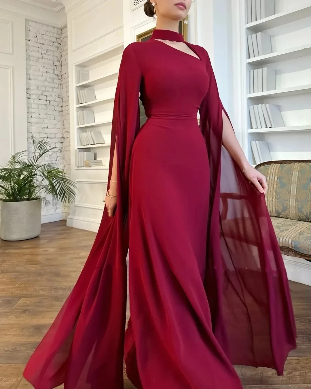

Elegant Dark Red Evening Formal Dress High Neck Long Cap Sleeves Pleats Chiffon Prom Pageant Party Gowns Robe De Soriee