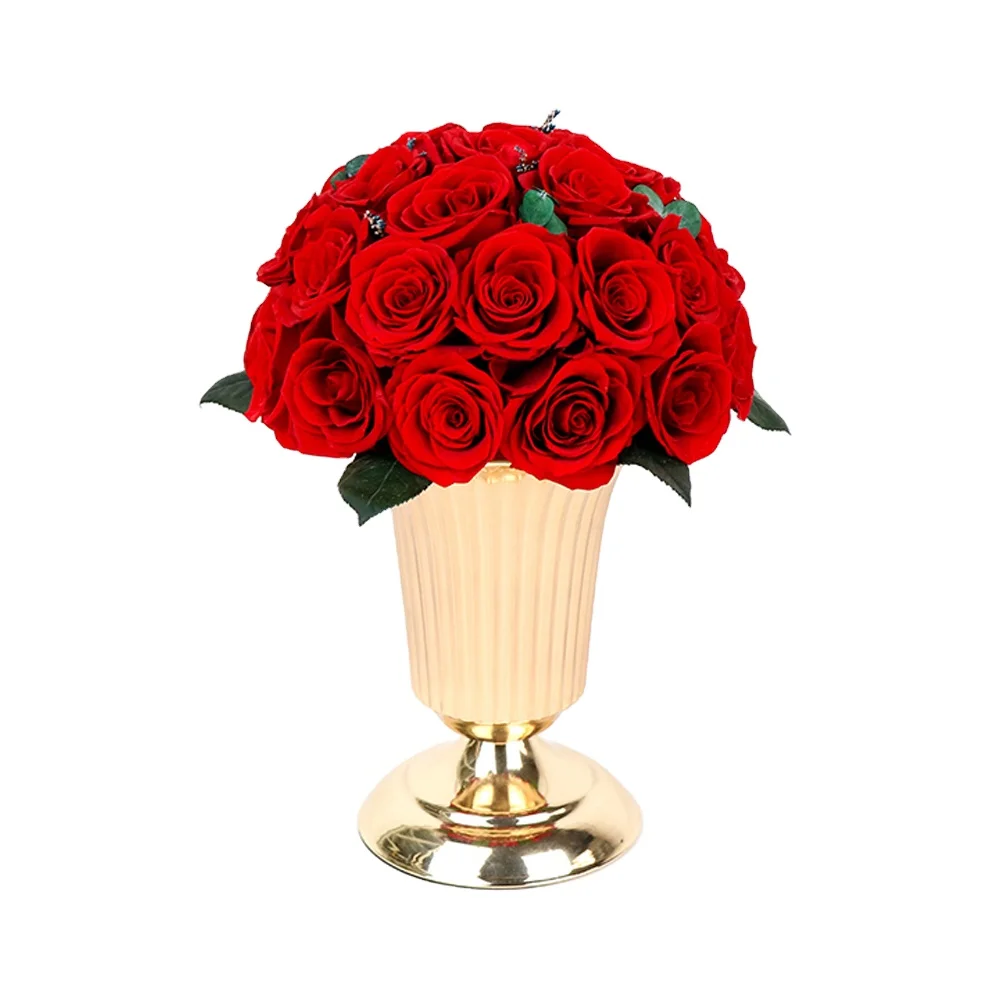 Golden Vase Preserved Real Roses Flower for Home Decoration