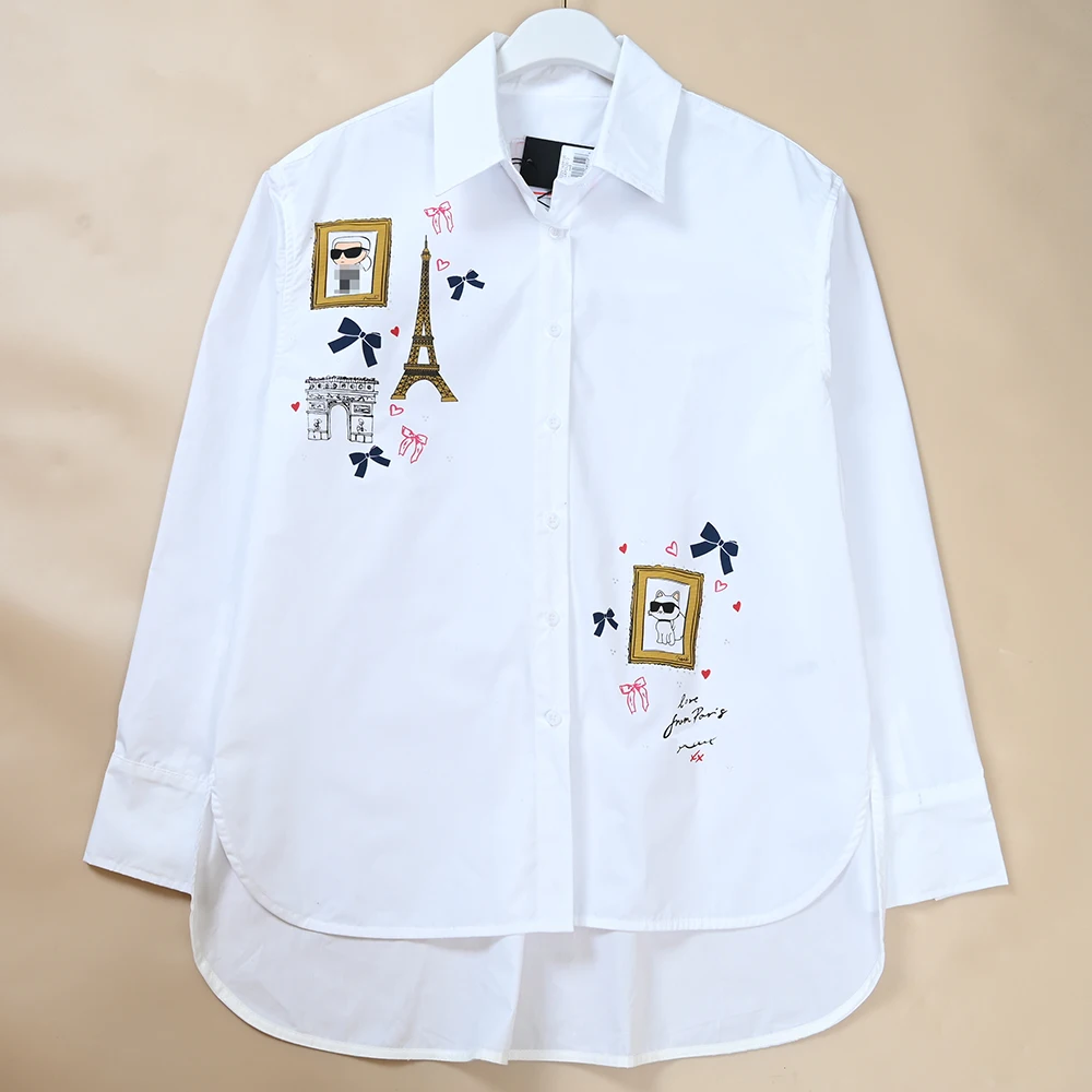 

Autumn Winter Casual Loose Women's Cotton Long Sve irt Cartoon Pattern Knot Button up Comfortable Breathable