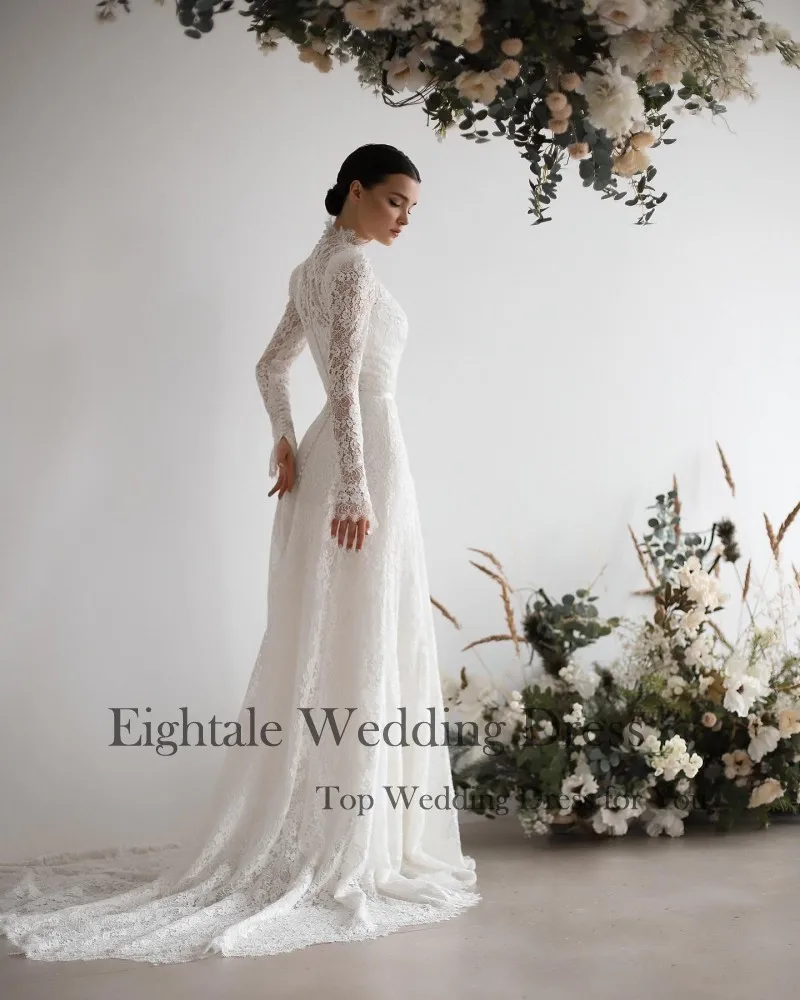 Eightale Luxury Wedding Dresses Lace Customized High Neck Long Sleeves Arabic Mermaid Bridal Gown