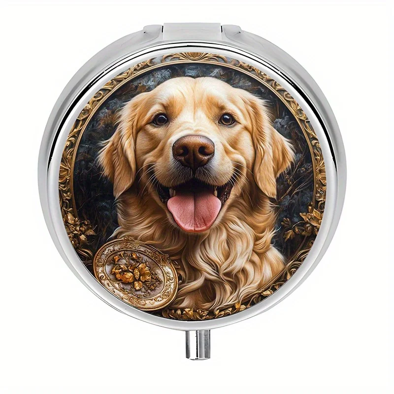 Single-piece, flat, round three-compartment pill box, charming puppy circular pattern design, mini portable pill box, suitable for medical supplies and equipment, soft and non-glare, can be used as a unique gift for girls, practical metal gift