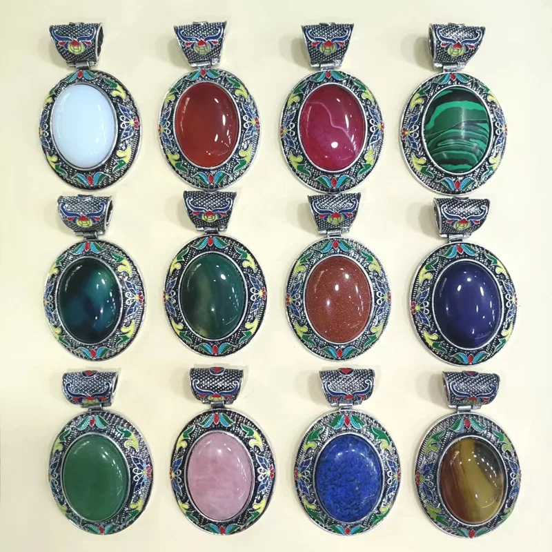 Antique Ethnic Style Imitation Cloisonné Amethyst Pink Quartz, Red Agate, Golden Sand, Tiger Eye Stone Sweater Necklace
