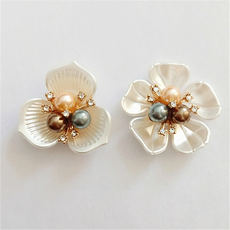 2PCS Flower Pearl Rhinestone Buttons Crafts Clothes Alloy Metal Sewing Button For Hair Accessories Brooch DIY Decoration