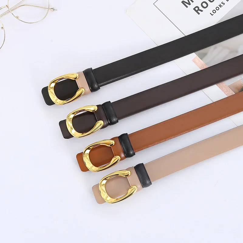 Genuine Leather Double-sided Cowhide Belt for Women's New Horseshoe Buckle with Skirt and Jeans Decorative Belt Trendy Item