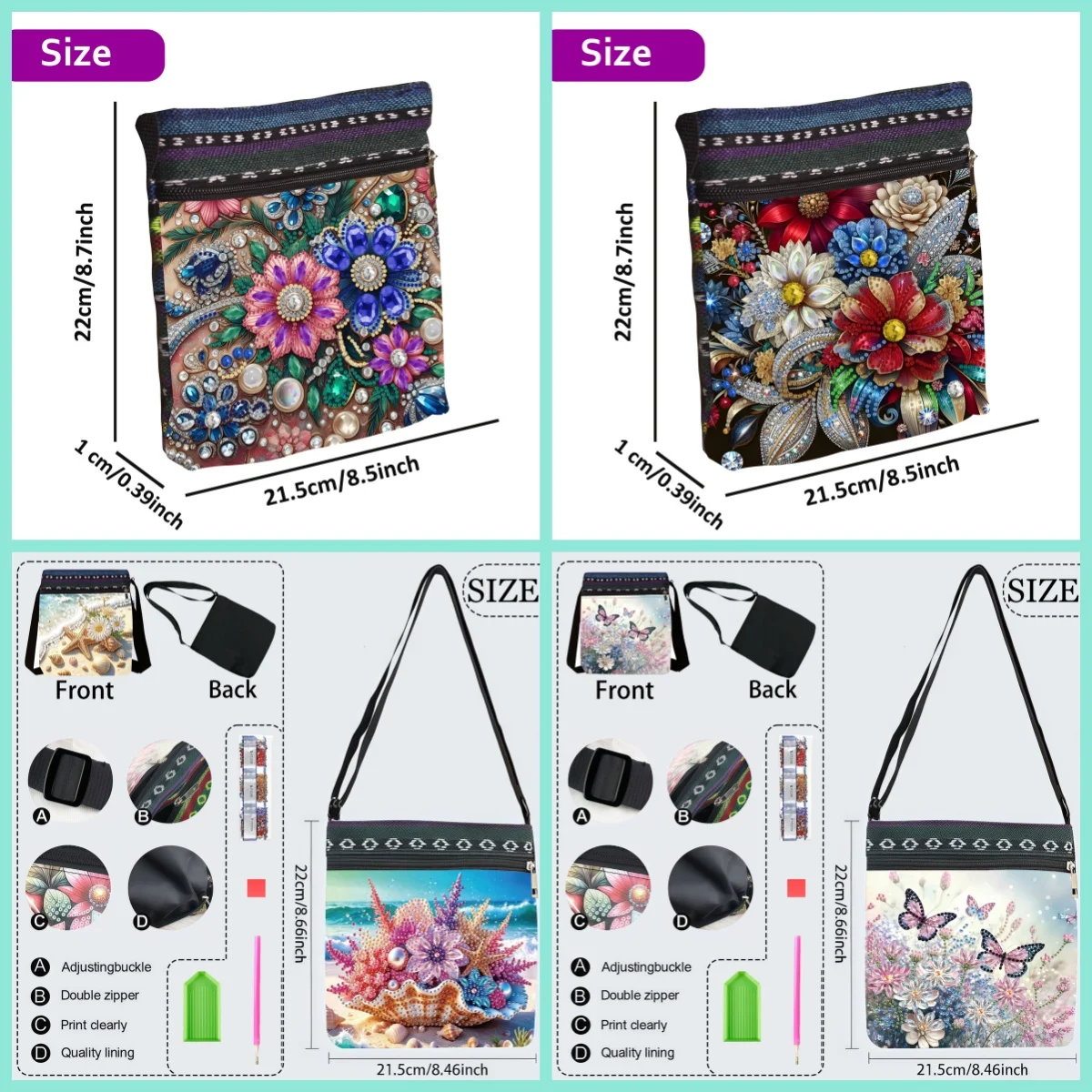 1 Piece Diamond Painting kit Messenger bag Butterfly flower Pattern to carry on daily Commute to work, holiday gift