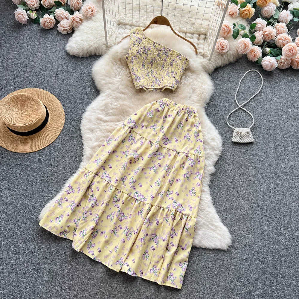 New Women  2024 Elegant Floral Skirt Set Female One Shoulder Crop Top & A-Line Midi Skirt Female Casual Suits