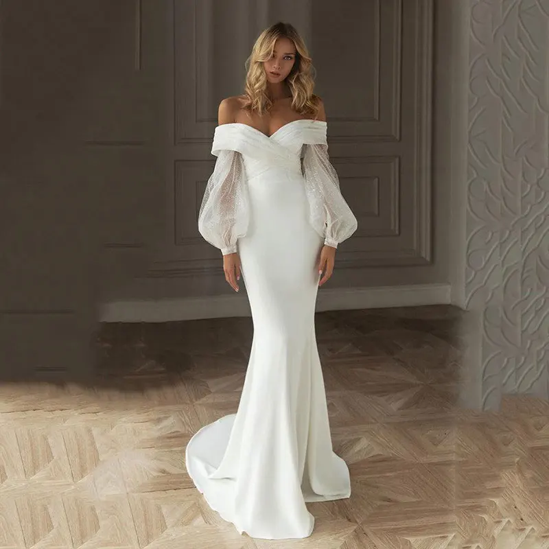

Elegant Off Shoulder Wedding Dress Mermaid Women Sexy Sequins Sparkling Tulle Off Shoulder Princess Bridal Gowns Satin Robe 2025