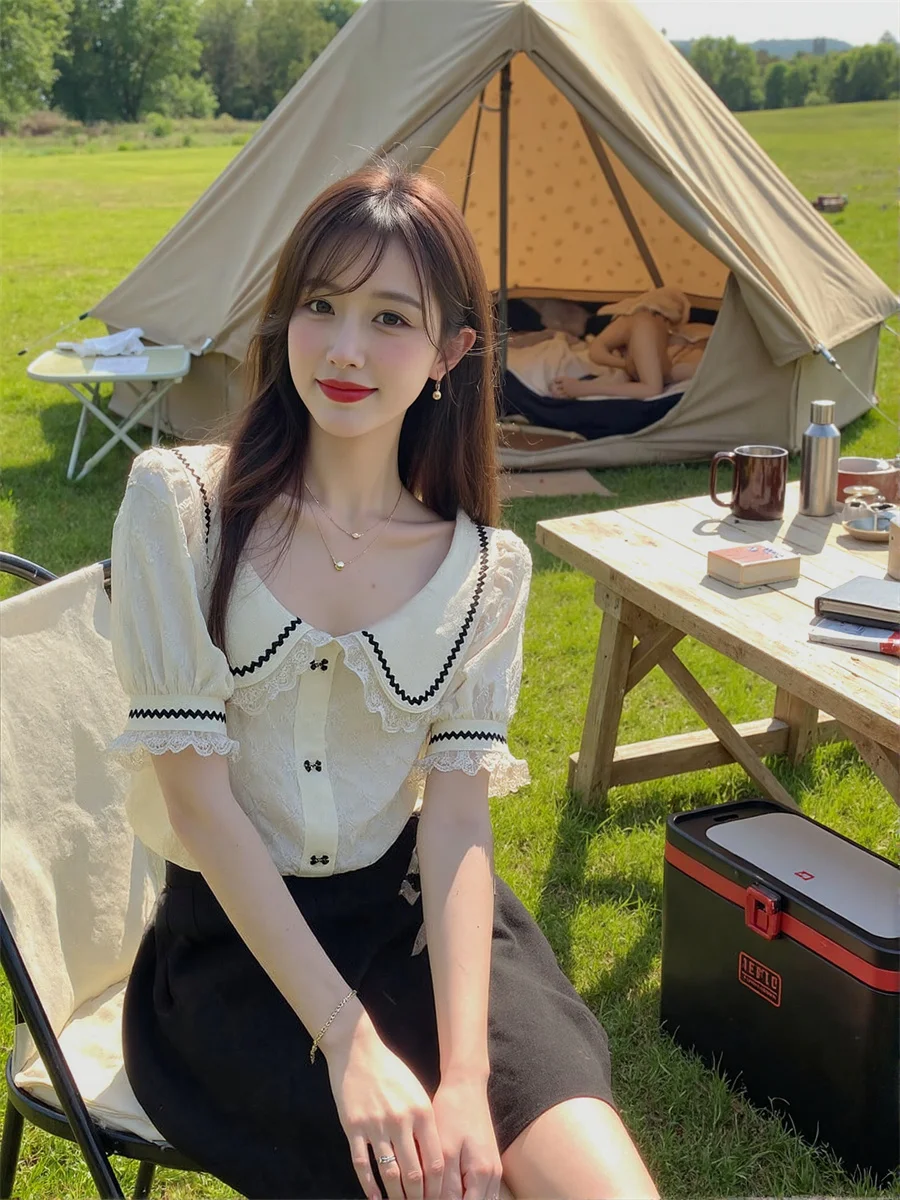 Nette Spitze Shirts Mädchen Blusen Kleidung Für Frauen Herbst Süße Kragen Gymnasium Schnell Trocknend Atmen Kurzen Stil All-Match täglich