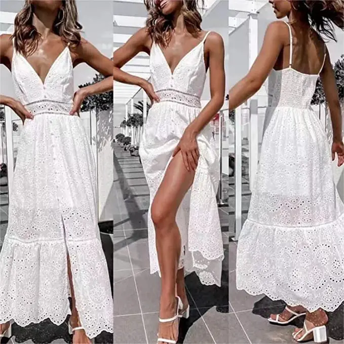 Summer Women Long Party Dress Vintage Long Sleeve Floor Length Sexy Backless White Lace Maxi Dress  sexy