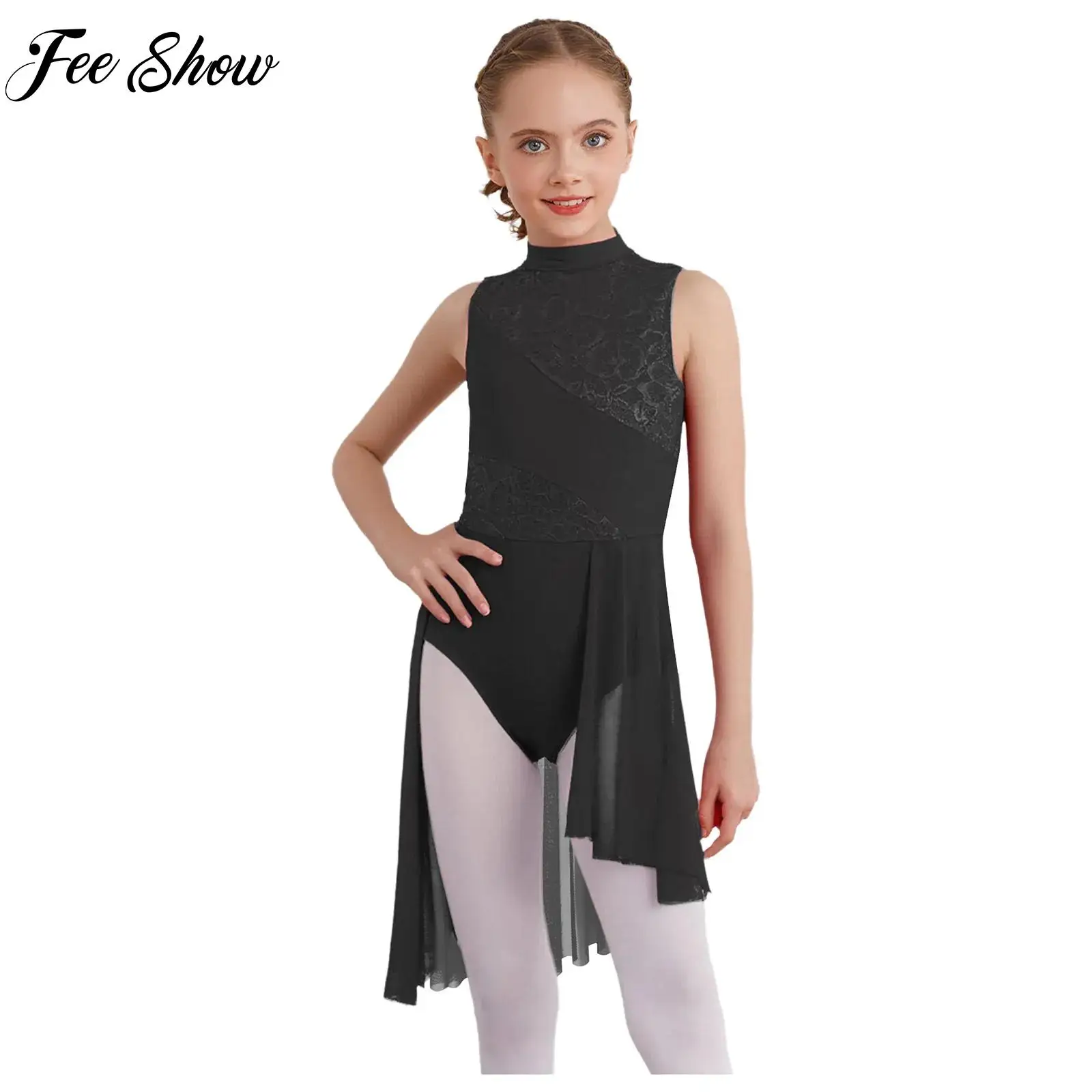 

Child Floral Lace Lyrical Modern Dance Dress Girls Dance Performance Competition Costume Sleeveless Asymmetrical Hem Dresses