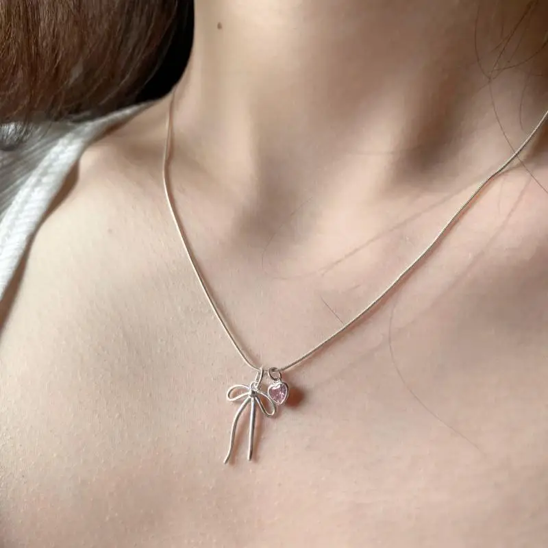 Rosa Zirkon-Schleifenanhänger-Halsketten für Frauen und Mädchen, süß, elegant, klassisch, schlicht, mit Persönlichkeit, Verlobungsschmuck, Geschenke – Detail 7