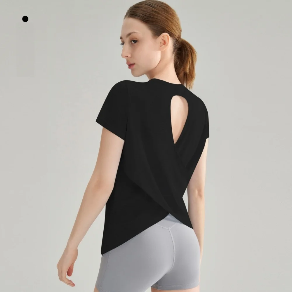 Fashion Quick Dry Sports T-Shirt Hollow Out Solid Color Yoga T-Shirt Round Neck Short Sleeve Running T-Shirt for Women