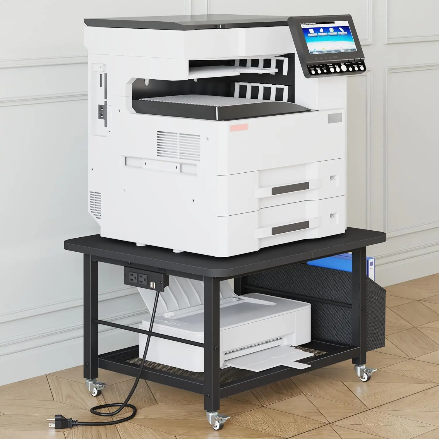 

23.6'×23.6' Large Priner Stand with Power Outlet, Printer Table with Storage Side Pocket, Heavy Duty