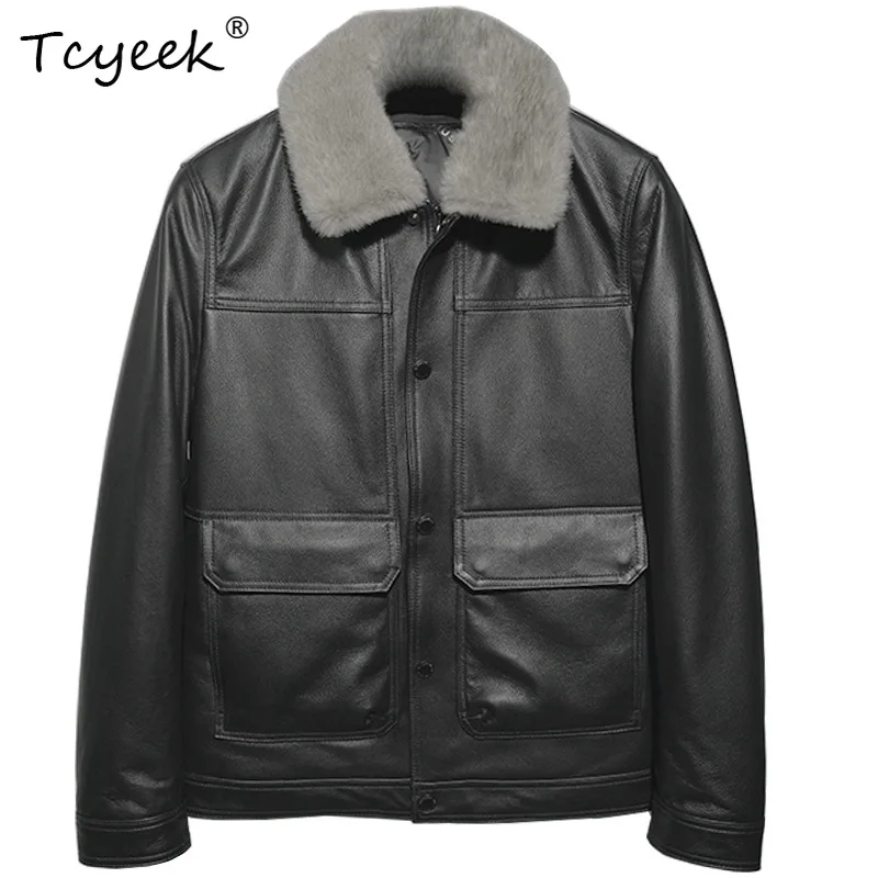 

Tcyeek Куртка из натуральной яловой кожи, мужская пуховая подкладка, съемная осенне-зимняя мужская одежда, воротник из норки Куртка Мужская