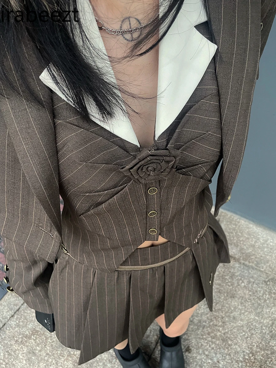 Retro Preppy Suit Sweet Cool Spice Suit Jacket Halter Vest High Waist Pleated Skirt Suit Commit Roupas Femininas Conjuntos