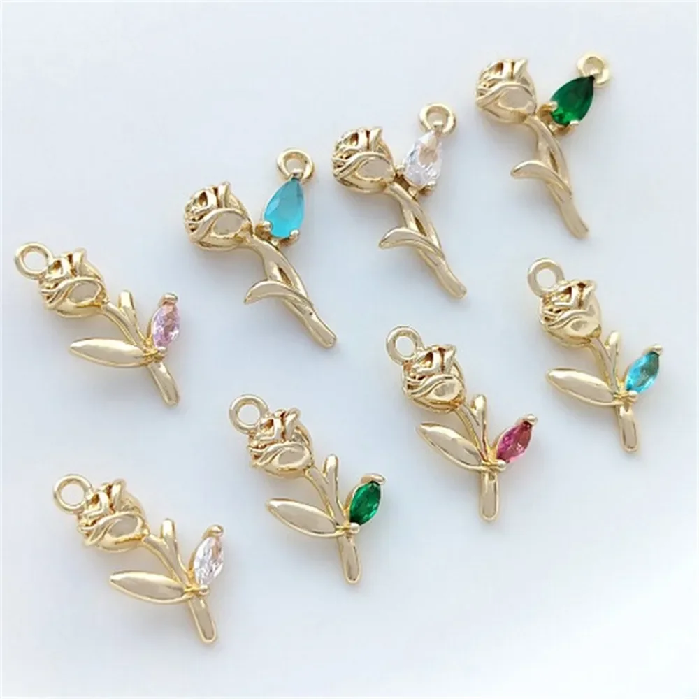 Set with Color Zirconium 14K Gold with Branches and Leaves Rose Pendant Handmade DIY Bracelet Necklace Earrings Charm Pendant