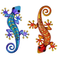 Metal Gecko Set with Glass Wall Sculpture for Outdoor Wall Lizard Statue Garden Wall Art of Garden Yard Pool Fence