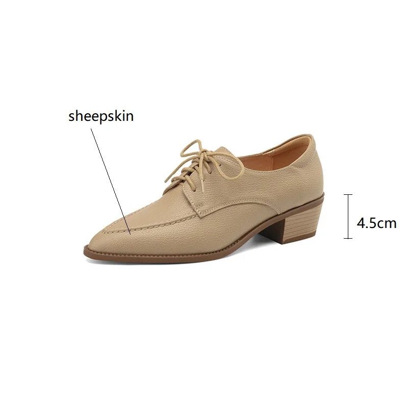 New Spring Autumn Sheep Leather Lace Women Loafers Pointed Toe Chunky Heel Shoes for Women Comfort Women Pumps Zaptos Mujer