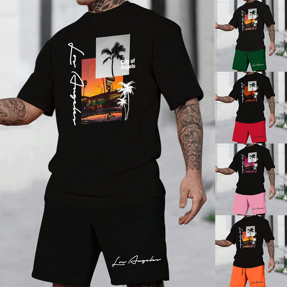 New Men's Set Summer Casual Breathable Refreshing Set 3D Printed Coconut Tree Oversized Stylish Men's T-shirt Beach Style