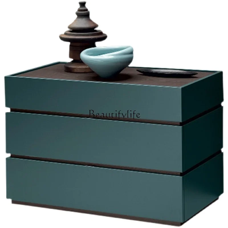 

04Italian minimalist bedroom storage cabinet dark green paint drawer locker