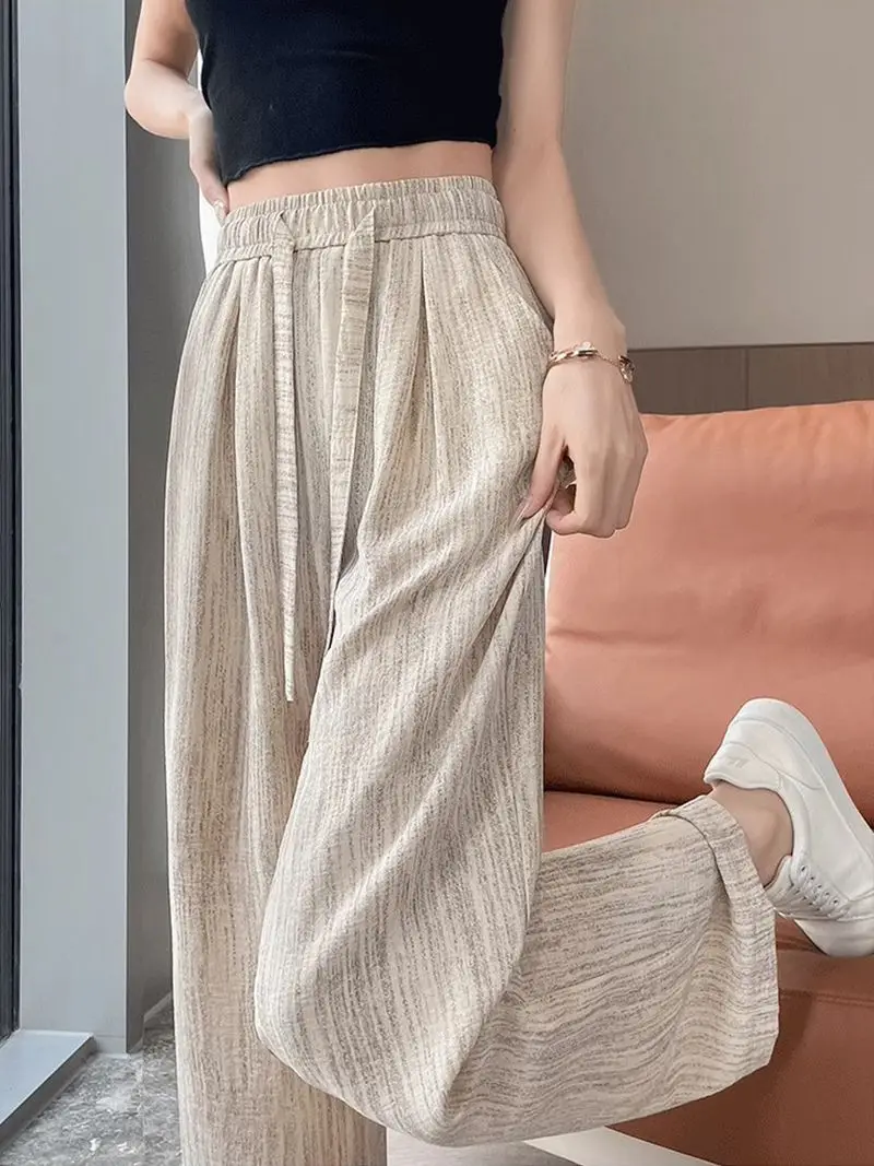 2025 Summer New Ice Silk Wide Leg Pants with High Waist and Thin Design Dripping and Lazy Style Drawstring Casual Floor Pants