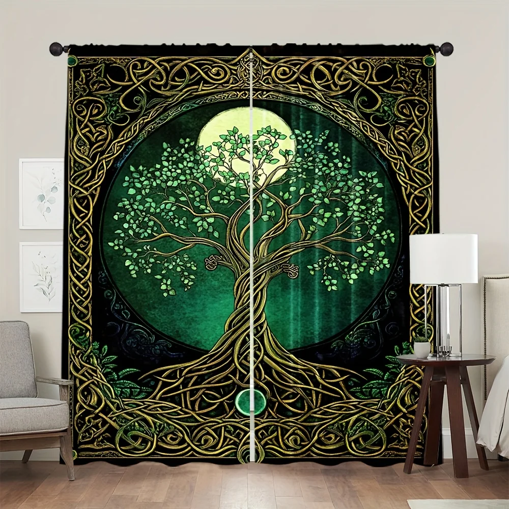 2pcs Celtic Tree of Life Print Curtains Moon Pattern Mystical Style Polyester Window Drapes for Bedroom Living Room