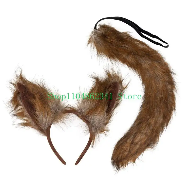 5asd Wolf Ears Hair Bands Foxes Cosplay Set Lovely Foxes Ears Headband with Tail Set