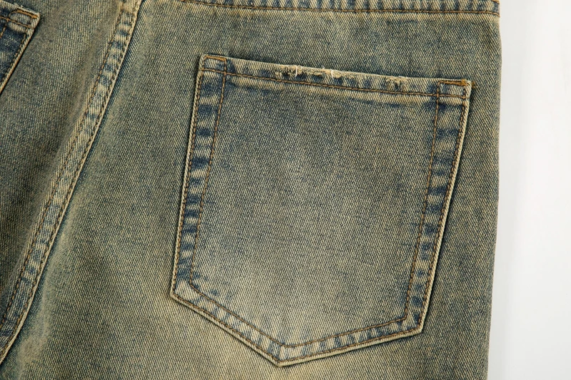 Vintage übergroße Split Deconstructed Herren breite Jeans Baggy Yellow Mud Dyed Washed Denim Jeans Cat Whisker Straight Denim Hose – Detail 20