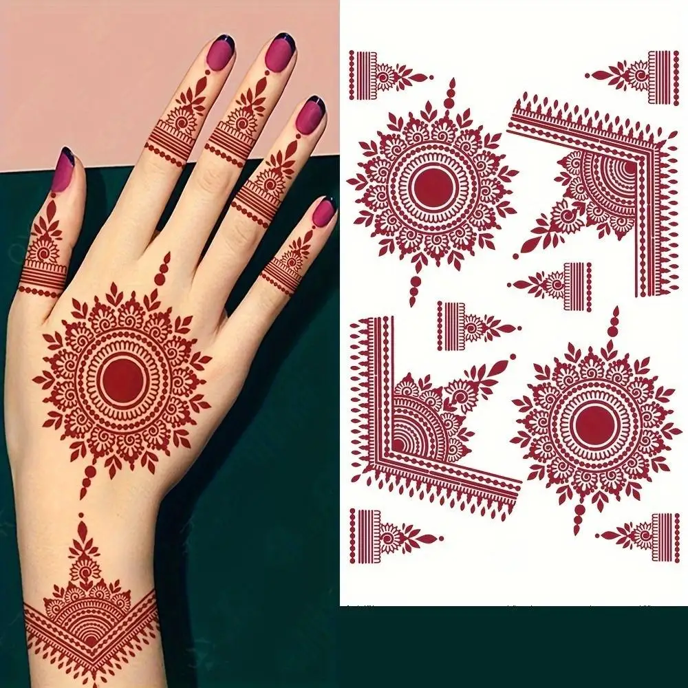 ملصقات وشم الحناء المقاومة للماء للنساء على شكل زهرة حمراء وشم مزيف لليد وشم مؤقت لمهرجان حفلات الزفاف