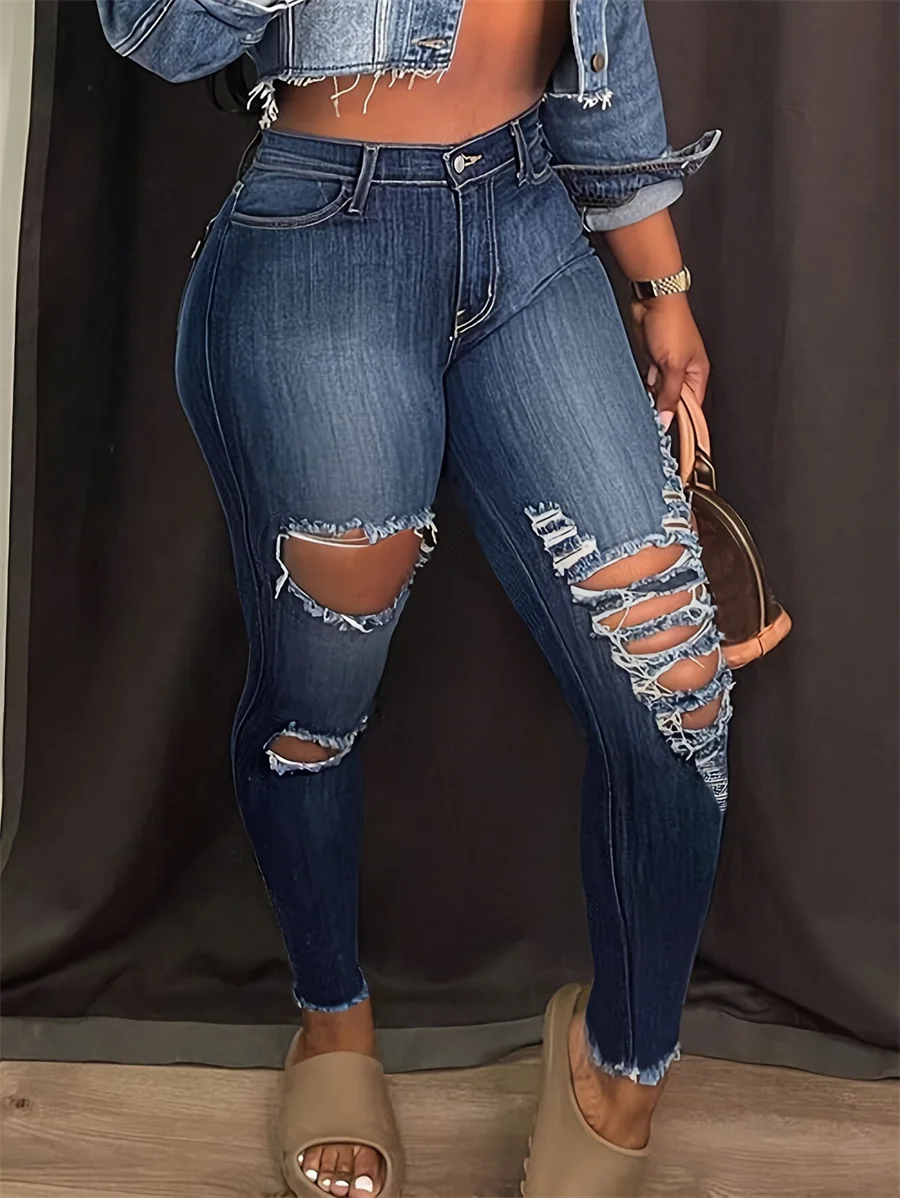 Benuynffy Fashion Raw Hem Ripped Pencil Jeans Women's Streetwear Mid Waisted Slim-fit Elastic Skinny Denim Pants For Women 2025