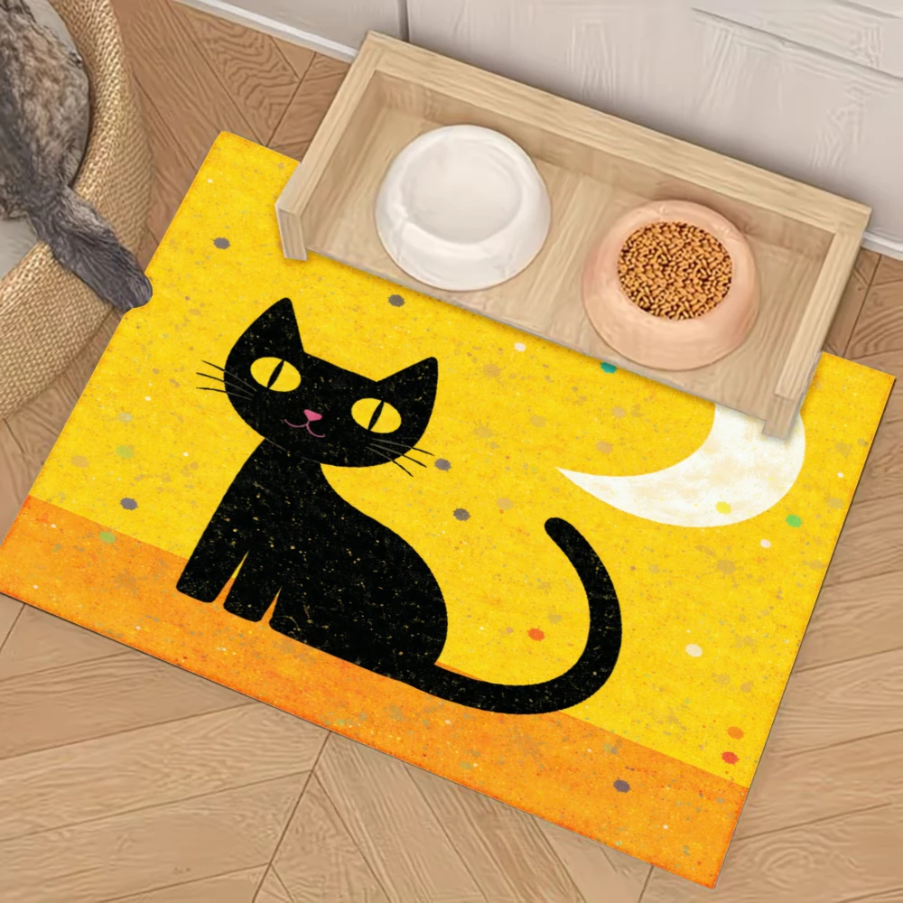 

Противоскользящий коврик для кормления домашних животных Black Cat Moon Yellow Dots, товары для животных, защита от брызг и скольжения, коврики для кошек и собак