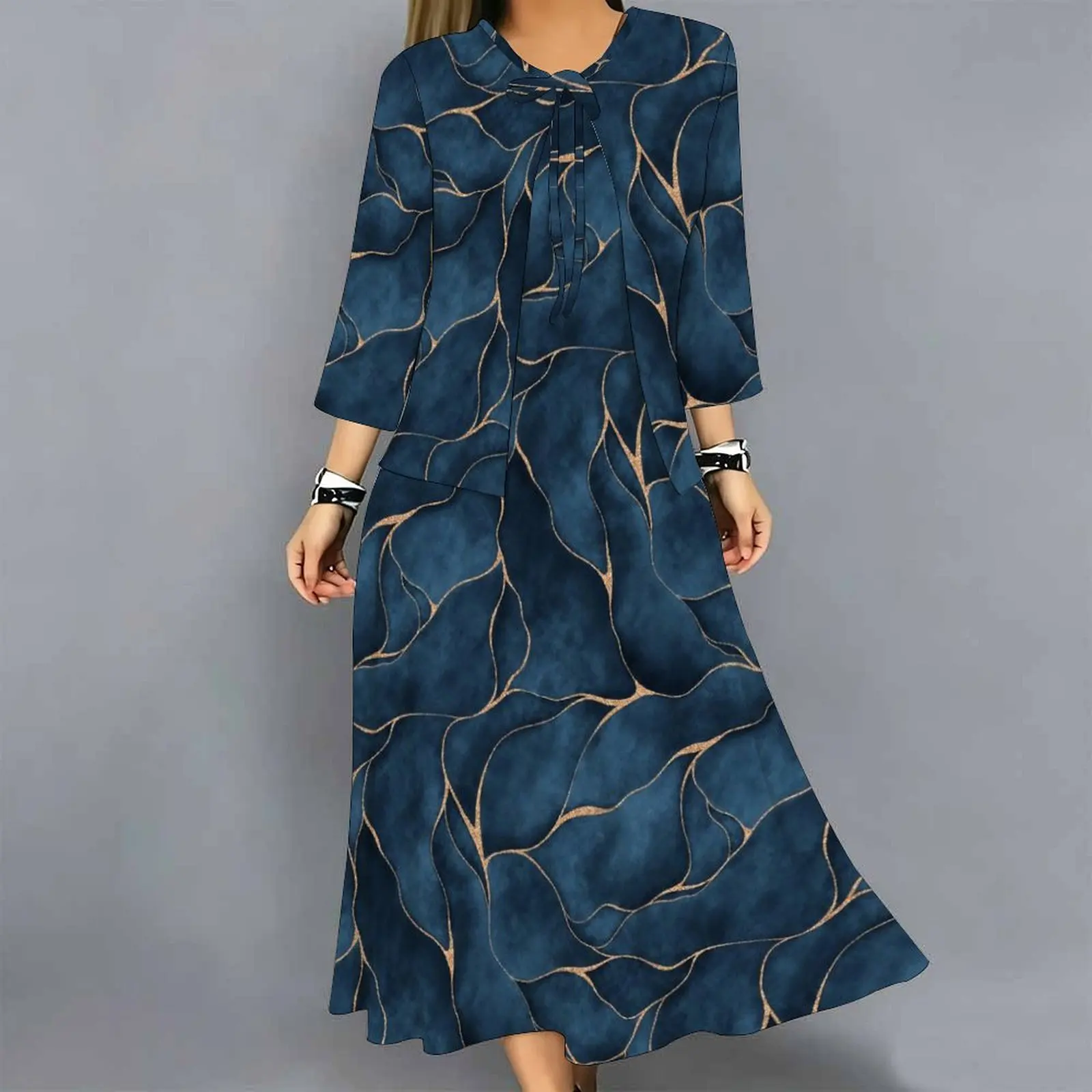 Women 2 Piece Dress Set Print 3/4 Sleeve Cardigan and Midi Dress Loose Casual Vacation Ladies Outfit