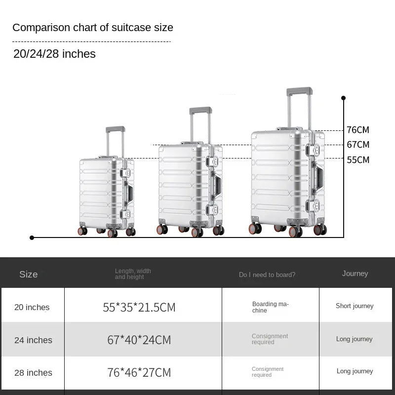 Mala de alumínio da bagagem do magnésio, caixa universal do trole da roda, mala do curso, 20 ", 24", 28"