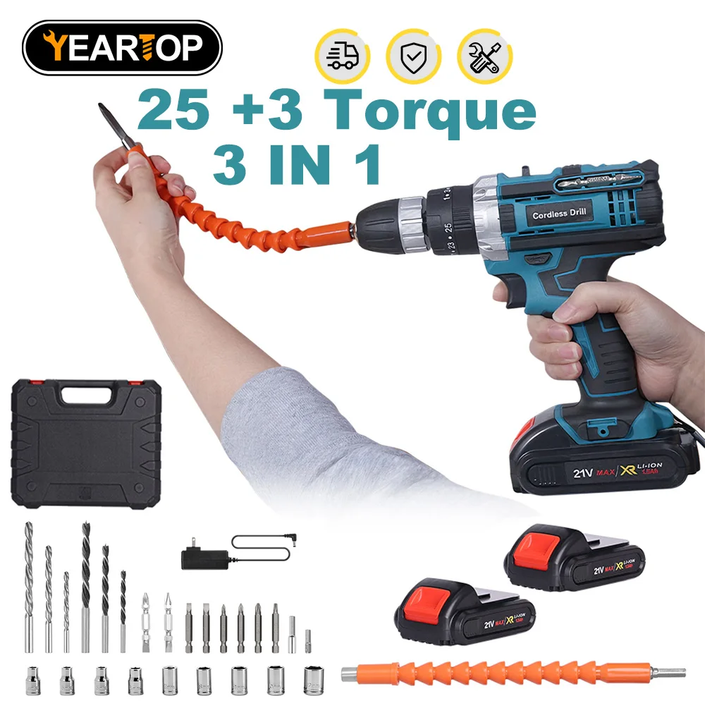 

YEARTOP 25+3 Torque Brushless Electric Impact Drill Cordless Handheld Flat Drill Electric Screwdriver Power Tool with 2 Battery