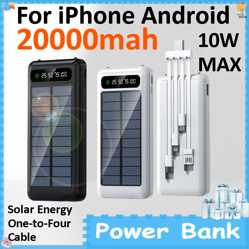 20000mAh Solar Power Bank LED Light Outdoor Portable Built-in Cable Large Capacity External Battery for IPhone Android