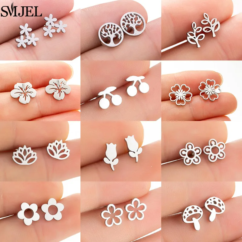 Bohemia Flower Stainless Steel Earings Fashion Jewelry Cute Rose Daisy Mushroom Ear Studs Tree of Life Earrings Pendientes Gifts