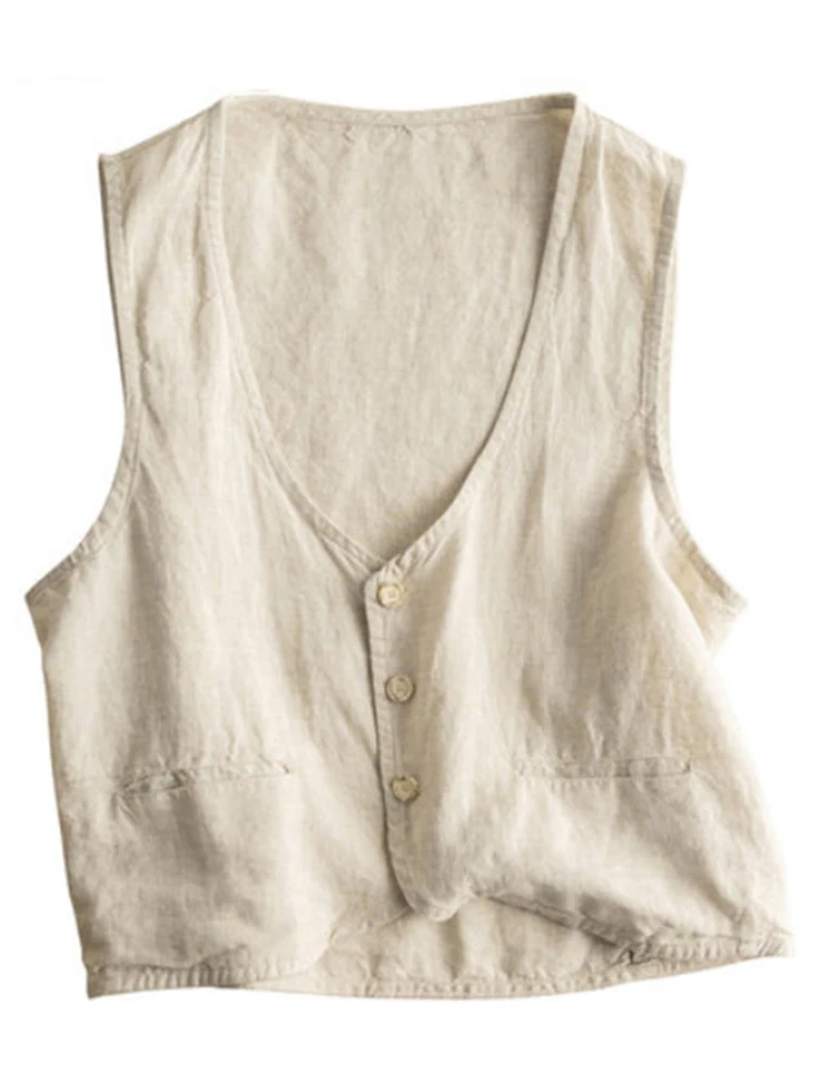 Colete de linho feminino japonês sle fino v-ne solto retro algodão linho jaet outerwear confortável respirável verão topo