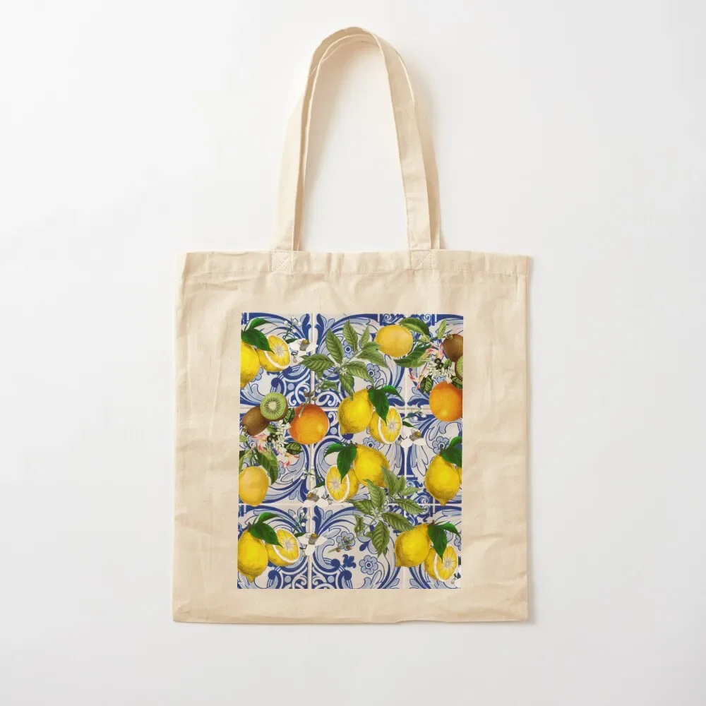 

Mediterranean Lemon on Blue Ceramic Tiles Tote Bag bags woman 2025 Canvas bag for women custom fabric bag hand