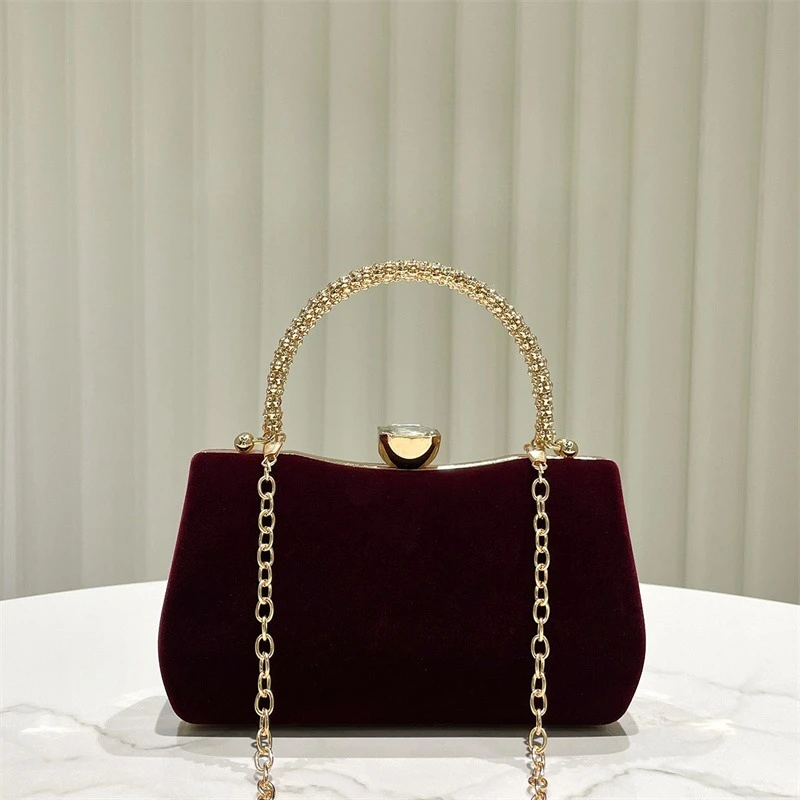 

Elegant Evening Handbag for Women Golden Rhinestone Handle Velvet Purse Fashionable Socialite Ladies Formal Party Mother's Bag