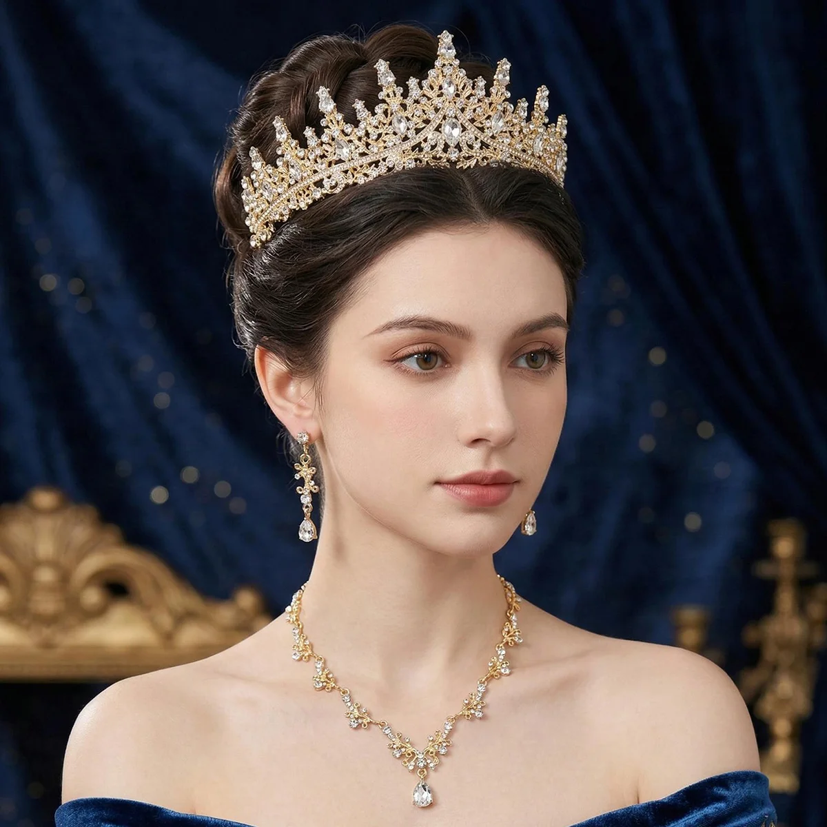 

Luxury Gold Crystal Bridal Jewelry Sets Rhinestone Queen Tiara Necklace Drop Earrings Set for Women Wedding Prom Hair Accessorie