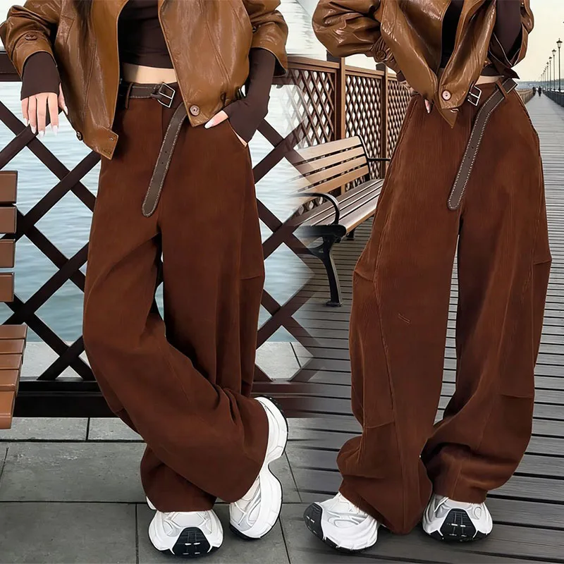 

Корейские ретро-брюки с флисовой подкладкой, утепленные, повседневные, женские, весенние, новые, модные, с высокой талией, широкие, длинные брюки